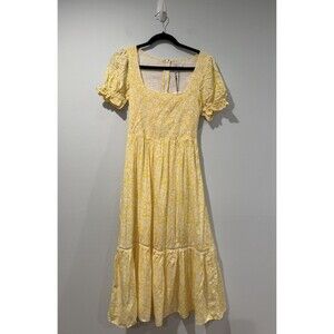 NEW Lost + Wander Maxi Dress Women XS Butter Yellow Ditsy Floral Smocked Stretch